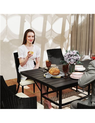 Outsunny 6 Seater Rattan Dining Set with Cushions, Garden Furniture Set with Armchairs, Rectangle Slatted Table Top, Steel Frame