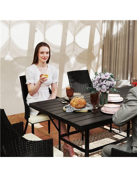 Outsunny 6 Seater Rattan Dining Set with Cushions, Garden Furniture Set with Armchairs, Rectangle Slatted Table Top, Steel Frame - pic 156821 | FastDaddyshop