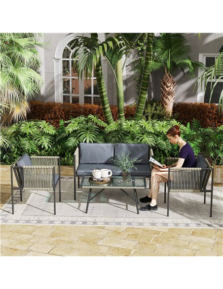 Outsunny 4 Piece Rattan Garden Furniture Set, 4 Seater Wicker Outdoor Furniture Set with 2 Armchairs, Loveseat, Glass Top Coffee - pic 156823 | FastDaddyshop