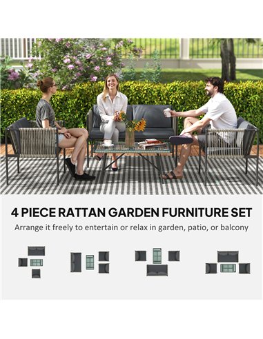 Outsunny 4 Piece Rattan Garden Furniture Set, 4 Seater Wicker Outdoor Furniture Set with 2 Armchairs, Loveseat, Glass Top Coffee