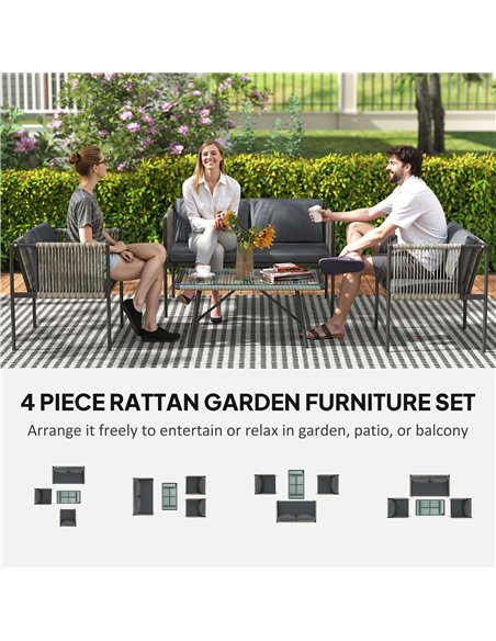 Outsunny 4 Piece Rattan Garden Furniture Set, 4 Seater Wicker Outdoor Furniture Set with 2 Armchairs, Loveseat, Glass Top Coffee - pic 156825 | FastDaddyshop