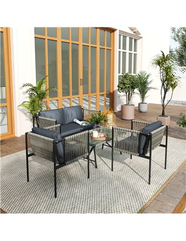 Outsunny 4 Piece Rattan Garden Furniture Set, 4 Seater Wicker Outdoor Furniture Set with 2 Armchairs, Loveseat, Glass Top Coffee