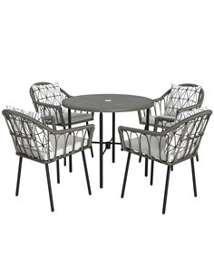 Outsunny 5 Piece Patio Rattan Dining Set, Wicker Garden Table and Chairs w/ Removable Seat & Back Cushions, Round Tempered Glass