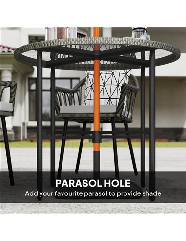 Outsunny 5 Piece Patio Rattan Dining Set, Wicker Garden Table and Chairs w/ Removable Seat & Back Cushions, Round Tempered Glass