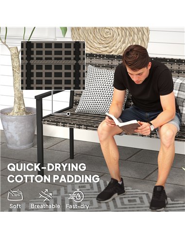 Outsunny 2 Seater Rattan Garden Bench, Outdoor Bench with Quick-Drying Cotton Padding, Wicker Garden Loveseat with Armrests, Ste