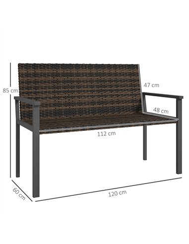Outsunny 2 Seater Rattan Garden Bench, Outdoor Bench with Quick-Drying Cotton Padding, Wicker Garden Loveseat with Armrests, Ste