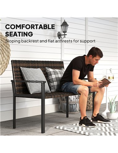Outsunny 2 Seater Rattan Garden Bench, Outdoor Bench with Quick-Drying Cotton Padding, Wicker Garden Loveseat with Armrests, Ste