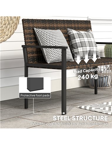 Outsunny 2 Seater Rattan Garden Bench, Outdoor Bench with Quick-Drying Cotton Padding, Wicker Garden Loveseat with Armrests, Ste