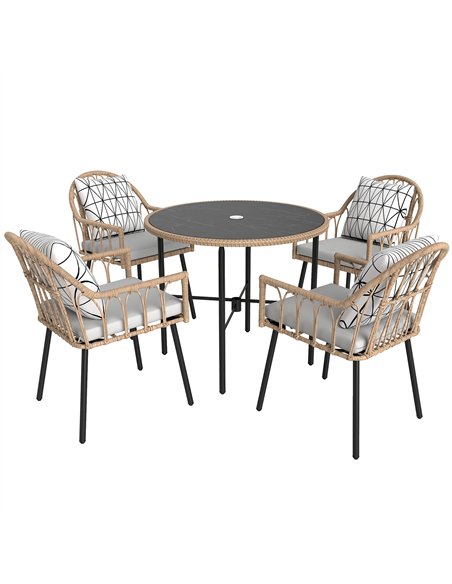 Outsunny 5 Piece Patio Rattan Dining Set, Wicker Garden Table and Chairs w/ Removable Seat & Back Cushions, Round Tempered Glass - pic 156885 | FastDaddyshop