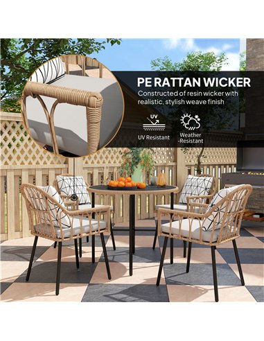 Outsunny 5 Piece Patio Rattan Dining Set, Wicker Garden Table and Chairs w/ Removable Seat & Back Cushions, Round Tempered Glass