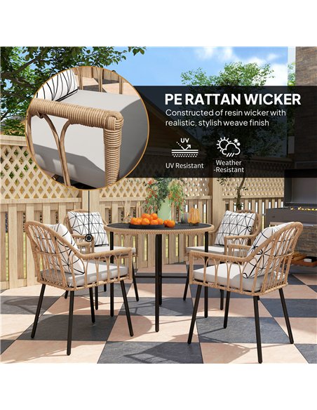 Outsunny 5 Piece Patio Rattan Dining Set, Wicker Garden Table and Chairs w/ Removable Seat & Back Cushions, Round Tempered Glass - pic 156888 | FastDaddyshop