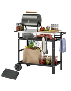 Outsunny BBQ Trolley with Stainless Steel Top Adjustable Shelf, Outdoor Kitchen BBQ Station with Hooks Seasoning Tray Towel Rack