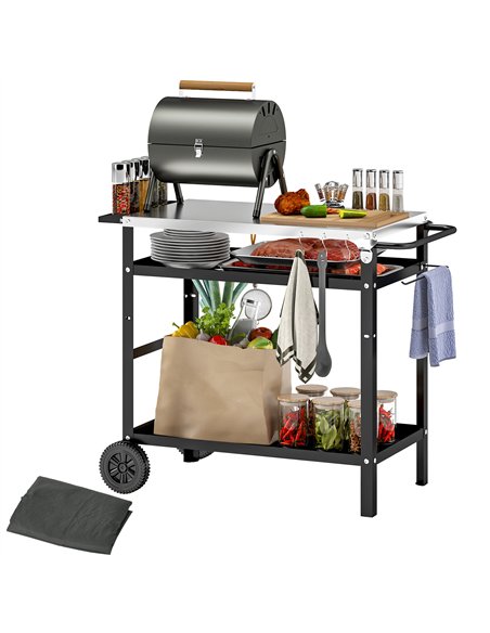 Outsunny BBQ Trolley with Stainless Steel Top Adjustable Shelf, Outdoor Kitchen BBQ Station with Hooks Seasoning Tray Towel Rack - pic 156903 | FastDaddyshop