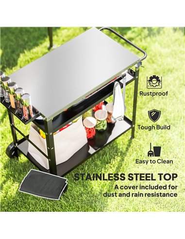 Outsunny BBQ Trolley with Stainless Steel Top Adjustable Shelf, Outdoor Kitchen BBQ Station with Hooks Seasoning Tray Towel Rack