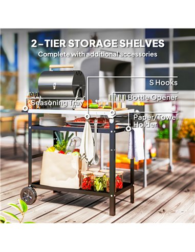 Outsunny BBQ Trolley with Stainless Steel Top Adjustable Shelf, Outdoor Kitchen BBQ Station with Hooks Seasoning Tray Towel Rack