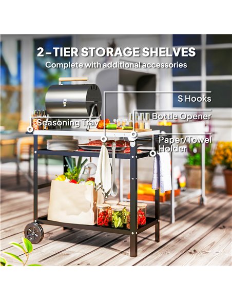 Outsunny BBQ Trolley with Stainless Steel Top Adjustable Shelf, Outdoor Kitchen BBQ Station with Hooks Seasoning Tray Towel Rack - pic 156907 | FastDaddyshop
