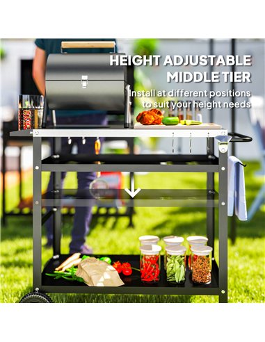 Outsunny BBQ Trolley with Stainless Steel Top Adjustable Shelf, Outdoor Kitchen BBQ Station with Hooks Seasoning Tray Towel Rack