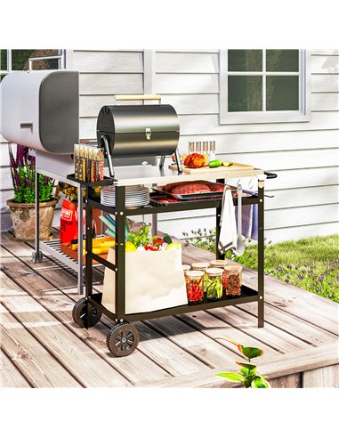 Outsunny BBQ Trolley with Stainless Steel Top Adjustable Shelf, Outdoor Kitchen BBQ Station with Hooks Seasoning Tray Towel Rack