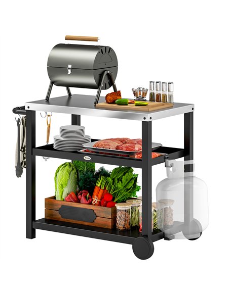 Outsunny Outdoor Grill Dining Cart 3-Shelf Movable Pizza Oven Table Stand with Stainless Steel Top, Portable BBQ Trolley Food Pr - pic 156912 | FastDaddyshop