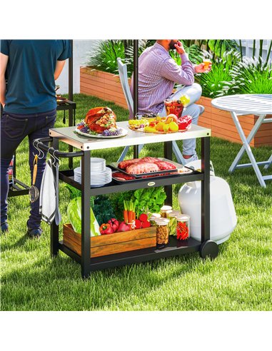 Outsunny Outdoor Grill Dining Cart 3-Shelf Movable Pizza Oven Table Stand with Stainless Steel Top, Portable BBQ Trolley Food Pr