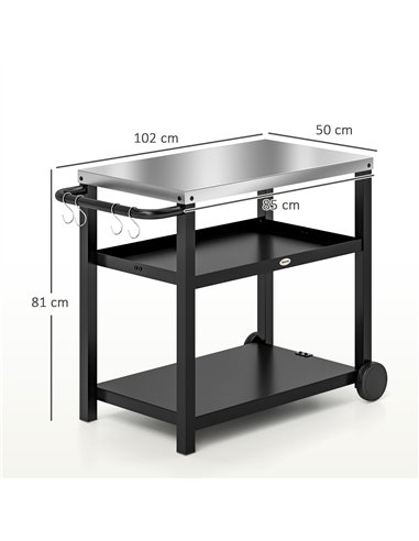 Outsunny Outdoor Grill Dining Cart 3-Shelf Movable Pizza Oven Table Stand with Stainless Steel Top, Portable BBQ Trolley Food Pr