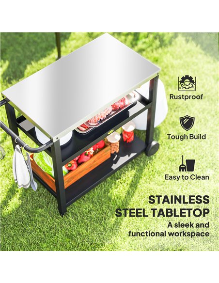 Outsunny Outdoor Grill Dining Cart 3-Shelf Movable Pizza Oven Table Stand with Stainless Steel Top, Portable BBQ Trolley Food Pr - pic 156915 | FastDaddyshop
