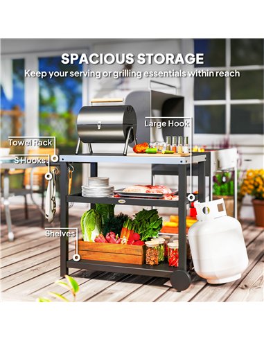 Outsunny Outdoor Grill Dining Cart 3-Shelf Movable Pizza Oven Table Stand with Stainless Steel Top, Portable BBQ Trolley Food Pr