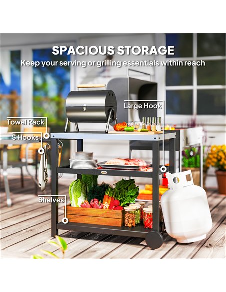 Outsunny Outdoor Grill Dining Cart 3-Shelf Movable Pizza Oven Table Stand with Stainless Steel Top, Portable BBQ Trolley Food Pr - pic 156916 | FastDaddyshop