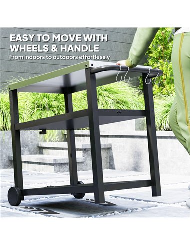 Outsunny Outdoor Grill Dining Cart 3-Shelf Movable Pizza Oven Table Stand with Stainless Steel Top, Portable BBQ Trolley Food Pr