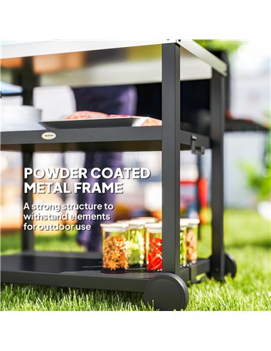 Outsunny Outdoor Grill Dining Cart 3-Shelf Movable Pizza Oven Table Stand with Stainless Steel Top, Portable BBQ Trolley Food Pr