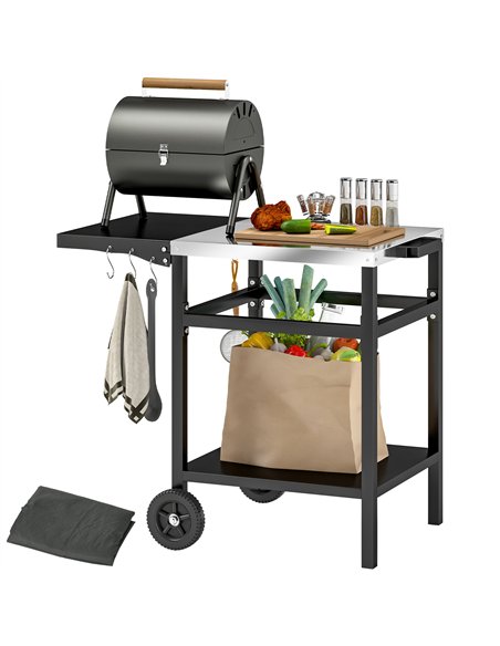 Outsunny BBQ Trolley with Stainless Steel Top and Foldable Side Table, Outdoor Kitchen BBQ Station with Hooks and Shelf, Pizza O - pic 156921 | FastDaddyshop