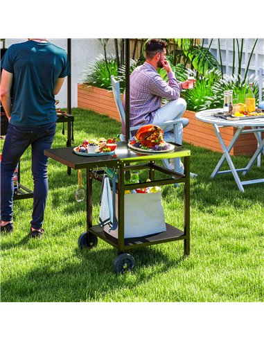 Outsunny BBQ Trolley with Stainless Steel Top and Foldable Side Table, Outdoor Kitchen BBQ Station with Hooks and Shelf, Pizza O