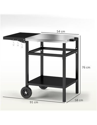 Outsunny BBQ Trolley with Stainless Steel Top and Foldable Side Table, Outdoor Kitchen BBQ Station with Hooks and Shelf, Pizza O