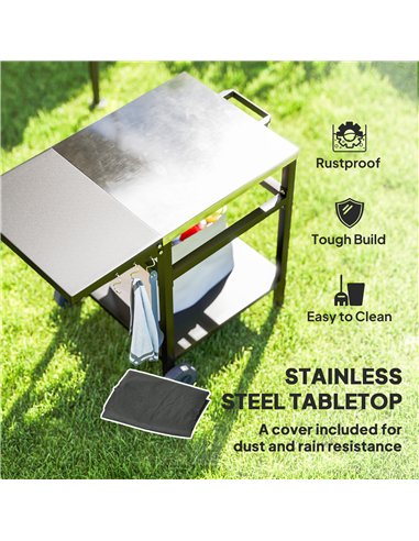 Outsunny BBQ Trolley with Stainless Steel Top and Foldable Side Table, Outdoor Kitchen BBQ Station with Hooks and Shelf, Pizza O