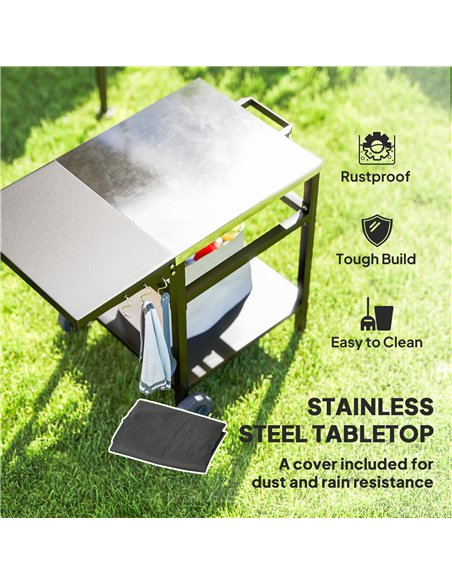 Outsunny BBQ Trolley with Stainless Steel Top and Foldable Side Table, Outdoor Kitchen BBQ Station with Hooks and Shelf, Pizza O - pic 156924 | FastDaddyshop
