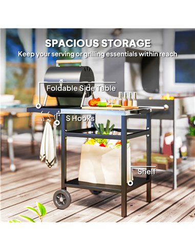 Outsunny BBQ Trolley with Stainless Steel Top and Foldable Side Table, Outdoor Kitchen BBQ Station with Hooks and Shelf, Pizza O