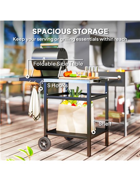 Outsunny BBQ Trolley with Stainless Steel Top and Foldable Side Table, Outdoor Kitchen BBQ Station with Hooks and Shelf, Pizza O - pic 156925 | FastDaddyshop