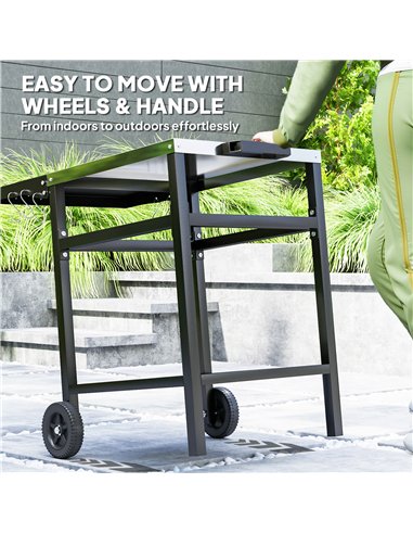 Outsunny BBQ Trolley with Stainless Steel Top and Foldable Side Table, Outdoor Kitchen BBQ Station with Hooks and Shelf, Pizza O