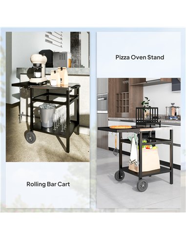 Outsunny BBQ Trolley with Stainless Steel Top and Foldable Side Table, Outdoor Kitchen BBQ Station with Hooks and Shelf, Pizza O