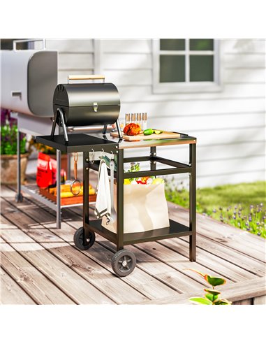 Outsunny BBQ Trolley with Stainless Steel Top and Foldable Side Table, Outdoor Kitchen BBQ Station with Hooks and Shelf, Pizza O