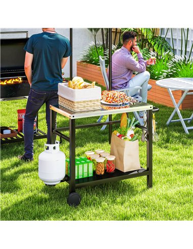 Outsunny Outdoor Grill Dining Cart 2-Shelf Movable Pizza Oven Table Stand with Stainless Steel Top, Portable BBQ Trolley Food Pr