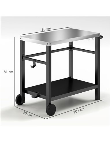 Outsunny Outdoor Grill Dining Cart 2-Shelf Movable Pizza Oven Table Stand with Stainless Steel Top, Portable BBQ Trolley Food Pr