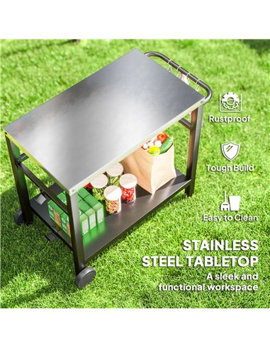Outsunny Outdoor Grill Dining Cart 2-Shelf Movable Pizza Oven Table Stand with Stainless Steel Top, Portable BBQ Trolley Food Pr