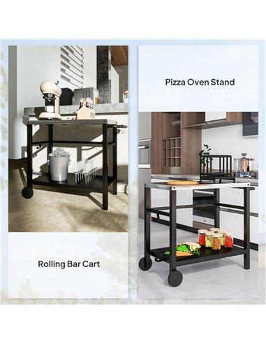 Outsunny Outdoor Grill Dining Cart 2-Shelf Movable Pizza Oven Table Stand with Stainless Steel Top, Portable BBQ Trolley Food Pr