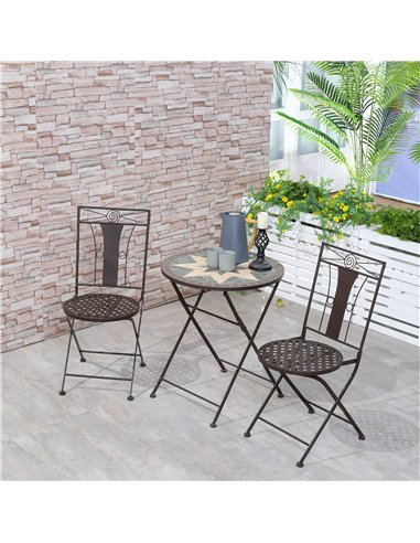 Outsunny 3-Piece Patio Bistro Set, Mosaic Table and 2 Armless Chairs with Foldable Design, Metal Frame for Garden, Poolside, Cof