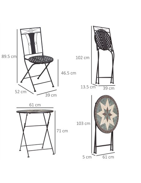 Outsunny 3-Piece Patio Bistro Set, Mosaic Table and 2 Armless Chairs with Foldable Design, Metal Frame for Garden, Poolside, Cof - pic 156941 | FastDaddyshop