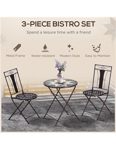 Outsunny 3-Piece Patio Bistro Set, Mosaic Table and 2 Armless Chairs with Foldable Design, Metal Frame for Garden, Poolside, Cof