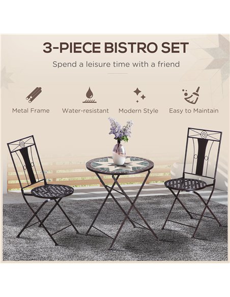 Outsunny 3-Piece Patio Bistro Set, Mosaic Table and 2 Armless Chairs with Foldable Design, Metal Frame for Garden, Poolside, Cof - pic 156942 | FastDaddyshop