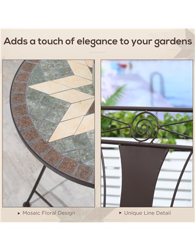 Outsunny 3-Piece Patio Bistro Set, Mosaic Table and 2 Armless Chairs with Foldable Design, Metal Frame for Garden, Poolside, Cof