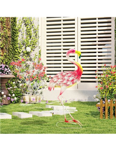 Outsunny Flamingo Garden Statue Ornament, Metal Bird Art Outdoor Statue, Standing Garden Sculpture Gift with Ground Stakes for P